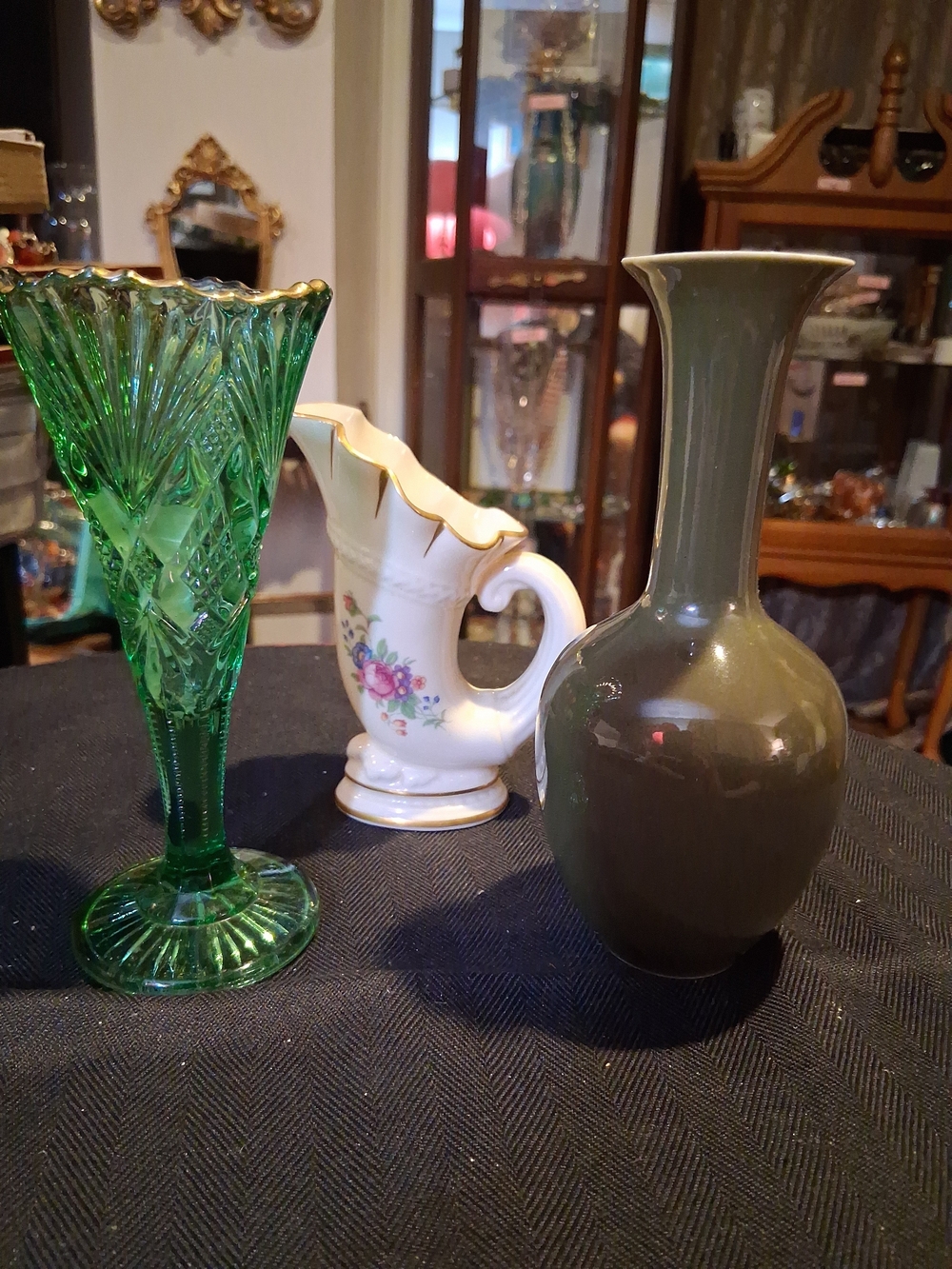 Lenox Olive Green Ceramic Bud Vase and Emerald Pressed Glass Vase